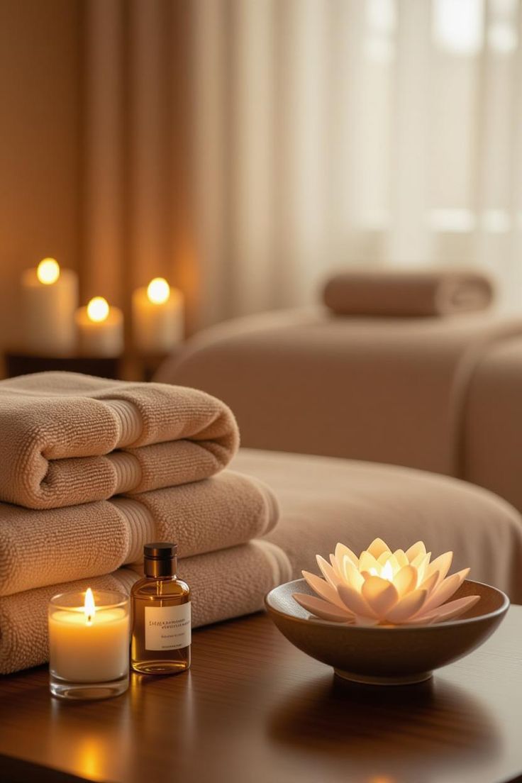 Folded towels with candle and essential oil